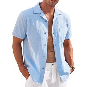 Men's Light Blue Casual Cotton Linen Shirt Short Sleeve Button Up Shirts Top